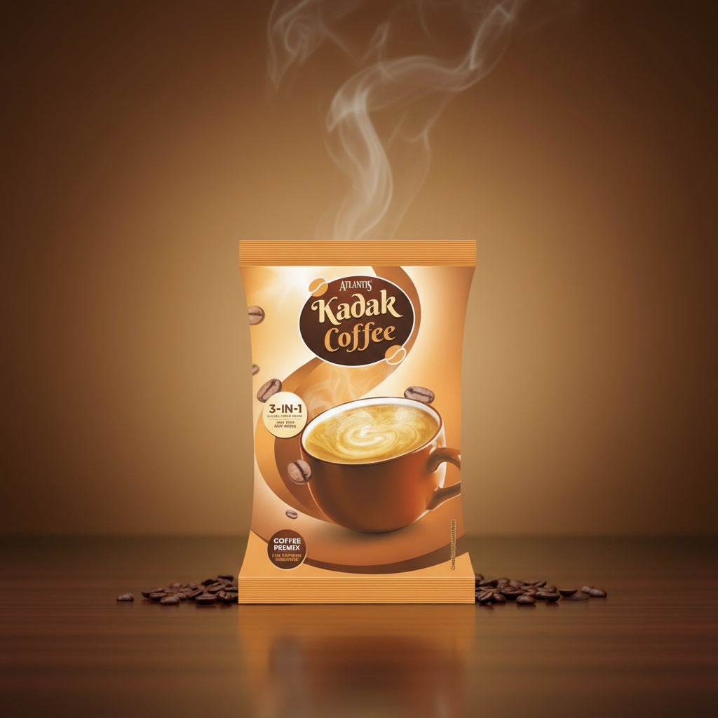 Atlantis online Kadak 3-in-1 coffee pack with steaming cup and coffee beans on wood surface