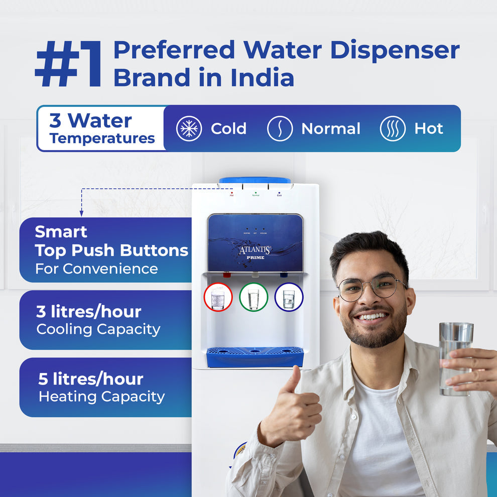 Atlantis Prime 3 tap water dispenser with cold normal and hot water options and smart push buttons