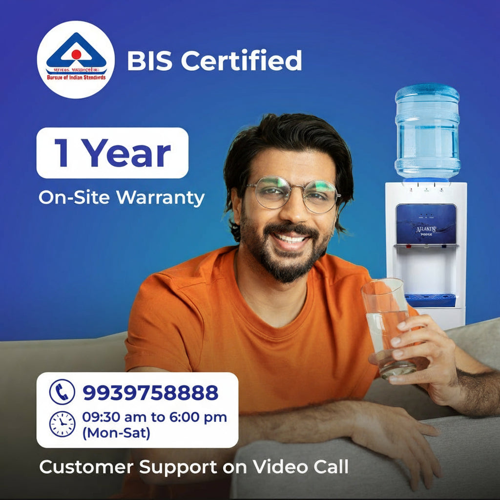 Smiling man with glasses holding a glass near Atlantis Prime 3 tap water dispenser with BIS certification and 1 year warranty