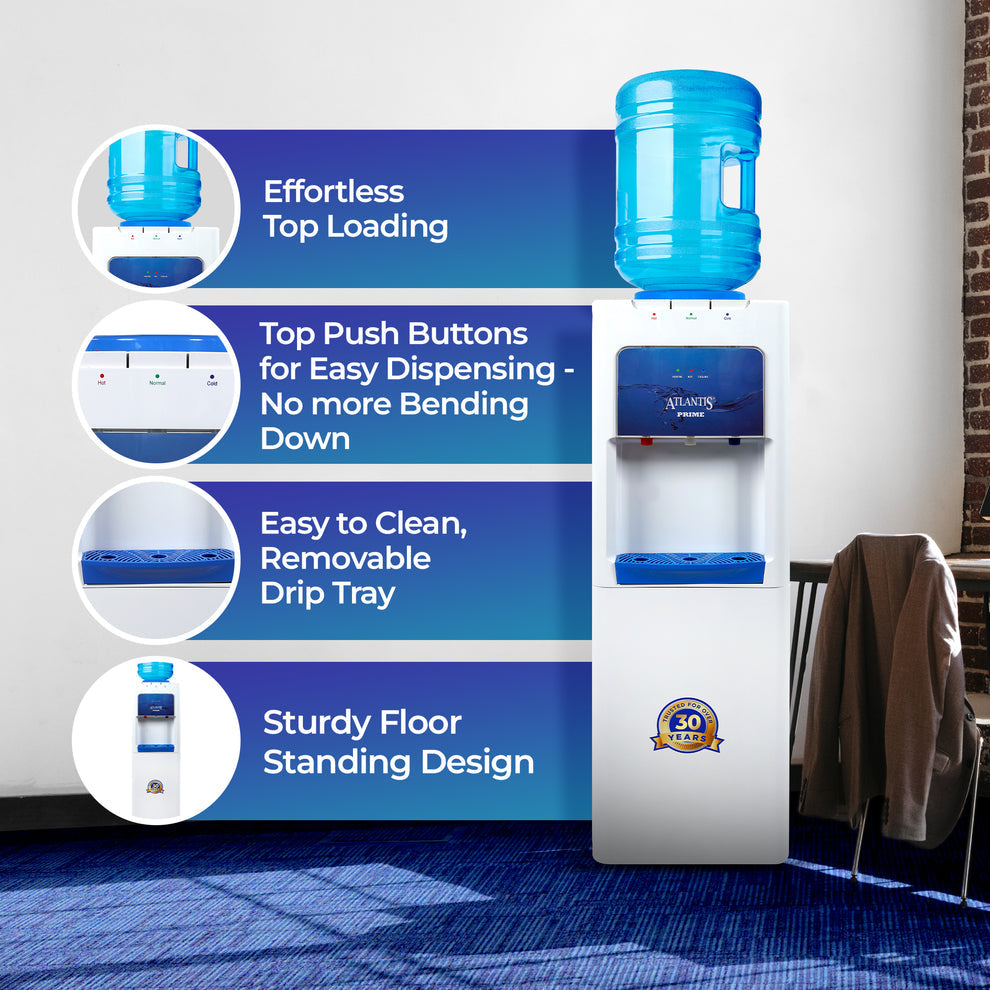 Atlantis Prime 3 tap water dispenser with top loading, push buttons, removable drip tray, and floor standing design