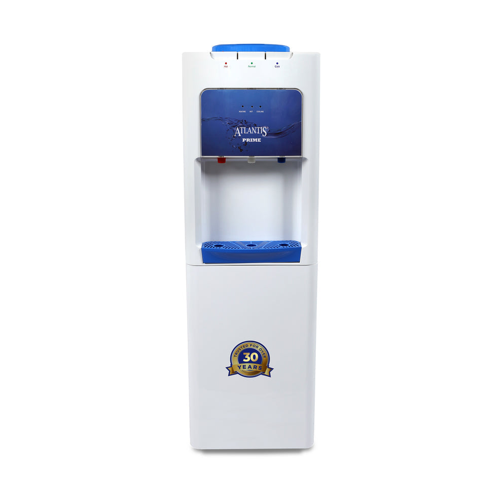 Atlantis Prime 3 tap water dispenser in white and blue with three taps and 30 years badge