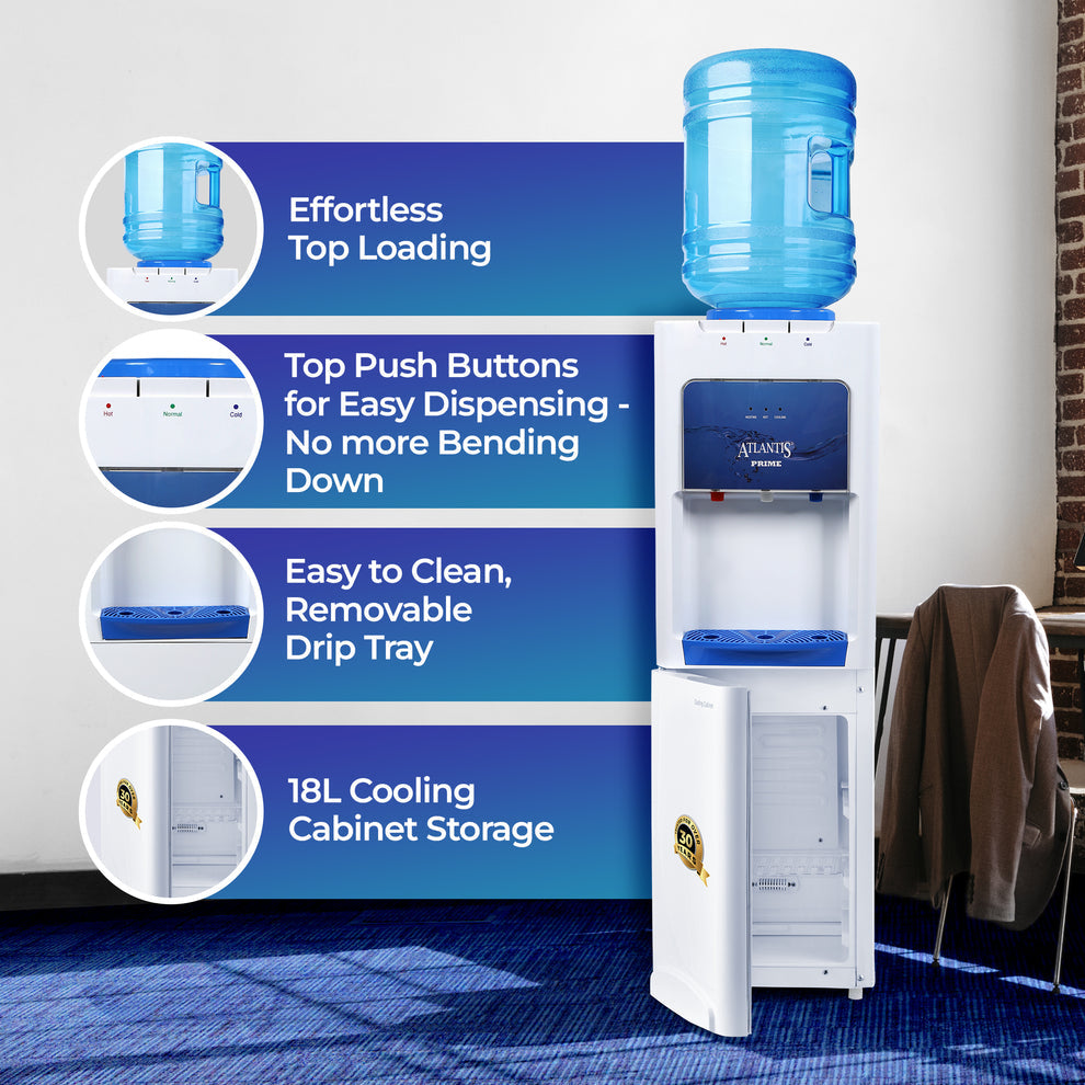 ATLANTIS PRIME water dispenser with top loading, easy push buttons, removable drip tray, and 18L cooling cabinet