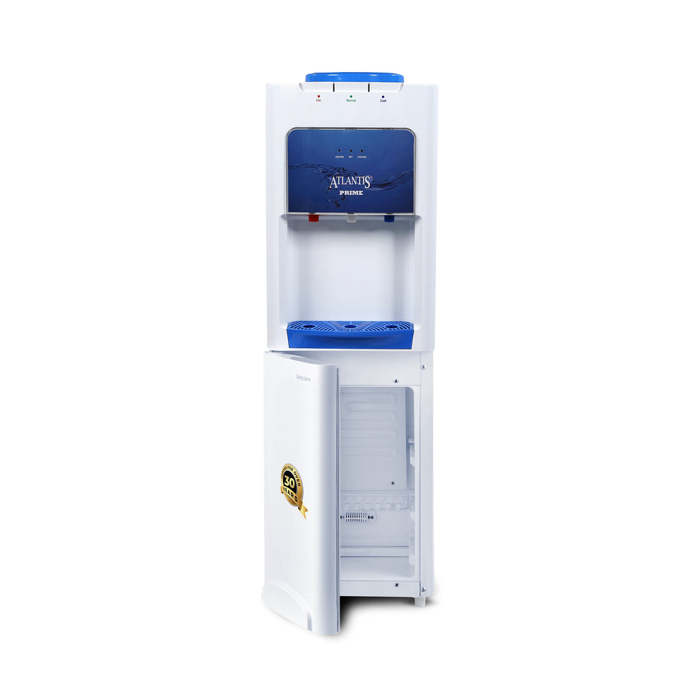 ATLANTIS PRIME water dispenser with blue accents and lower storage cabinet door open