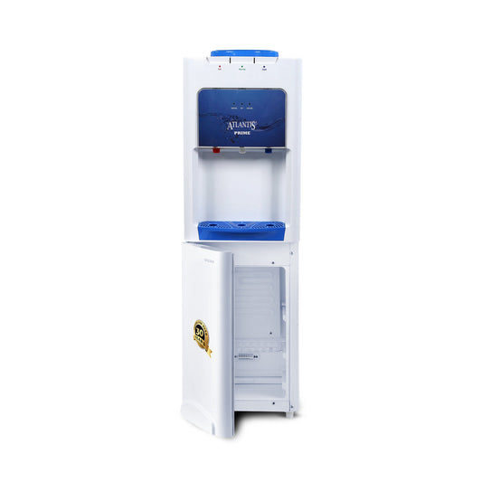 ATLANTIS PRIME water dispenser with blue accents and lower storage cabinet door open