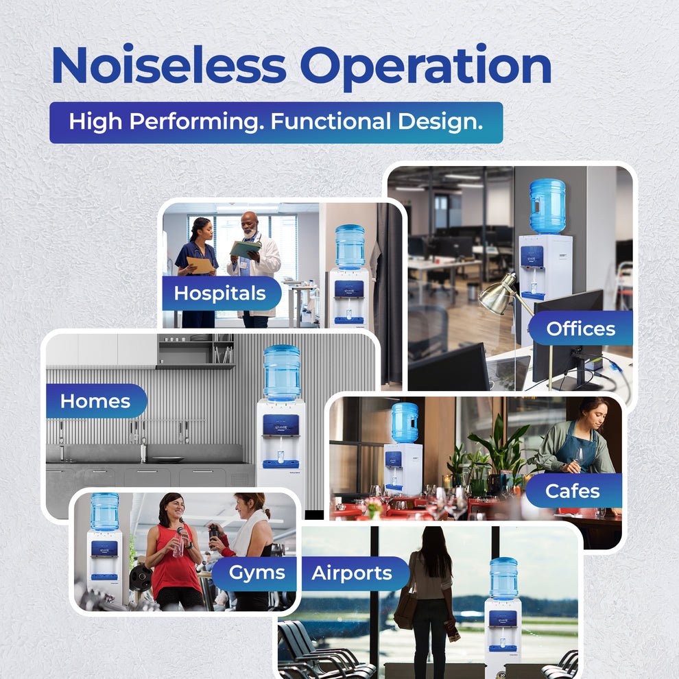 ATLANTIS PRIME water dispenser showcasing noiseless operation in hospitals, offices, homes, cafes, gyms, and airports