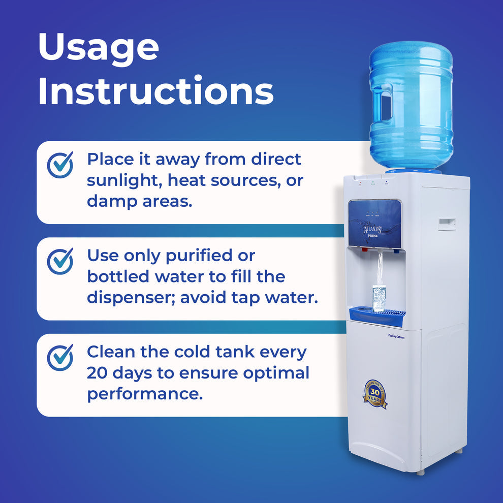 ATLANTIS PRIME water dispenser with usage instructions for placement and maintenance