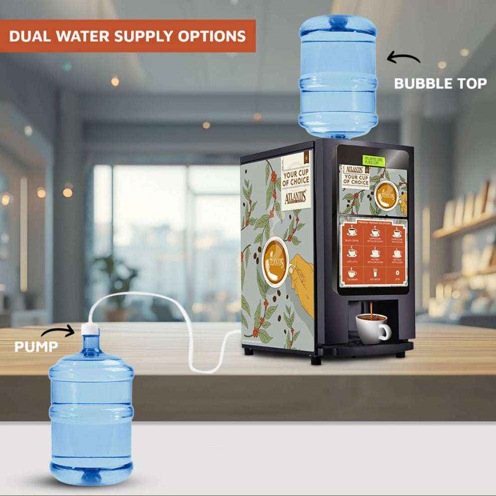 Atlantis select 7 option coffee machine with dual water supply options using bubble top and pump bottles
