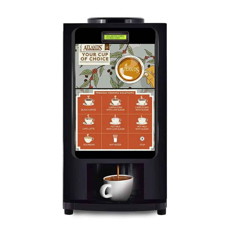 Atlantis select 7 option coffee machine dispensing fresh coffee into white cup with beverage choices