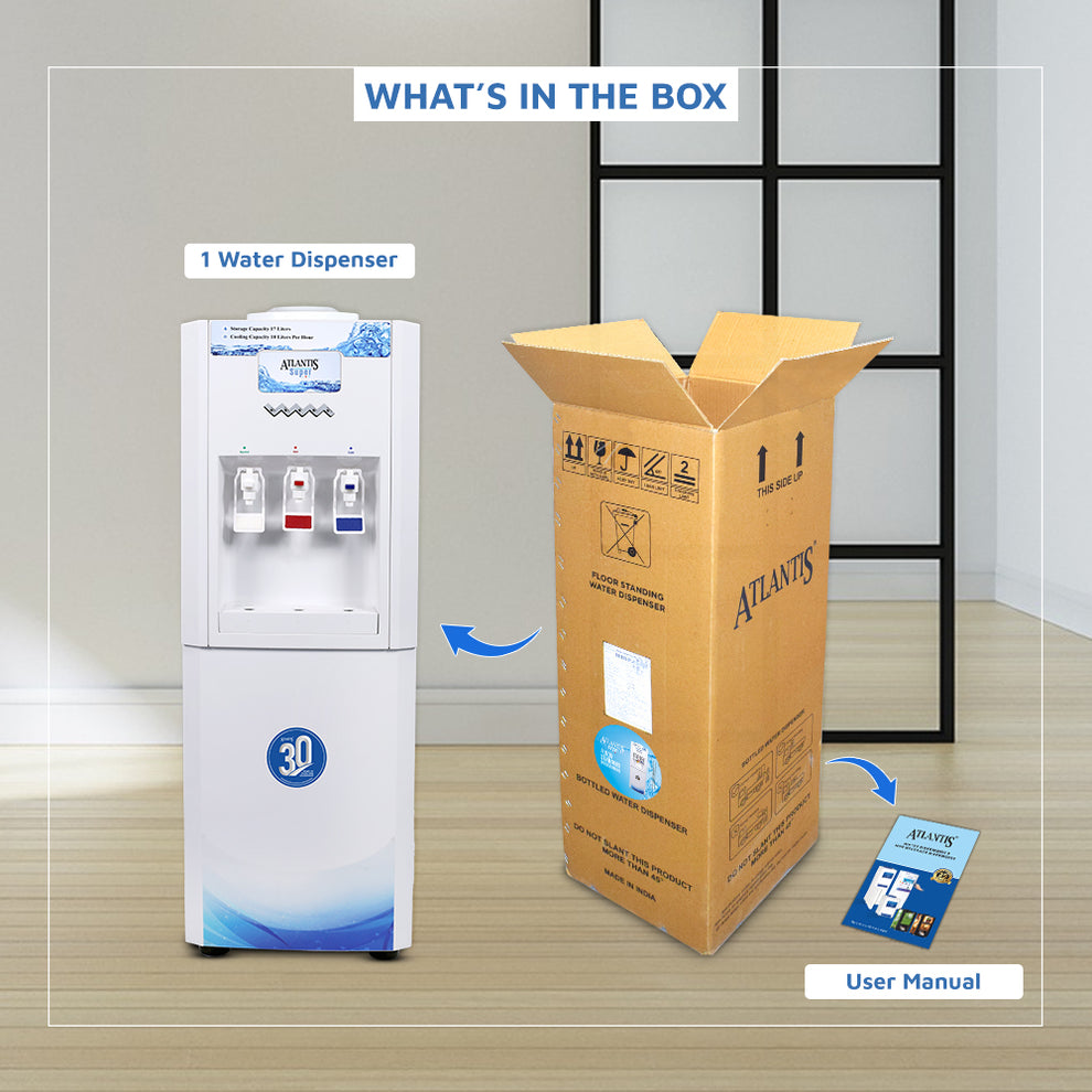 ATLANTIS SUPER Floor Standing water dispenser next to its packaging box and user manual on wooden floor