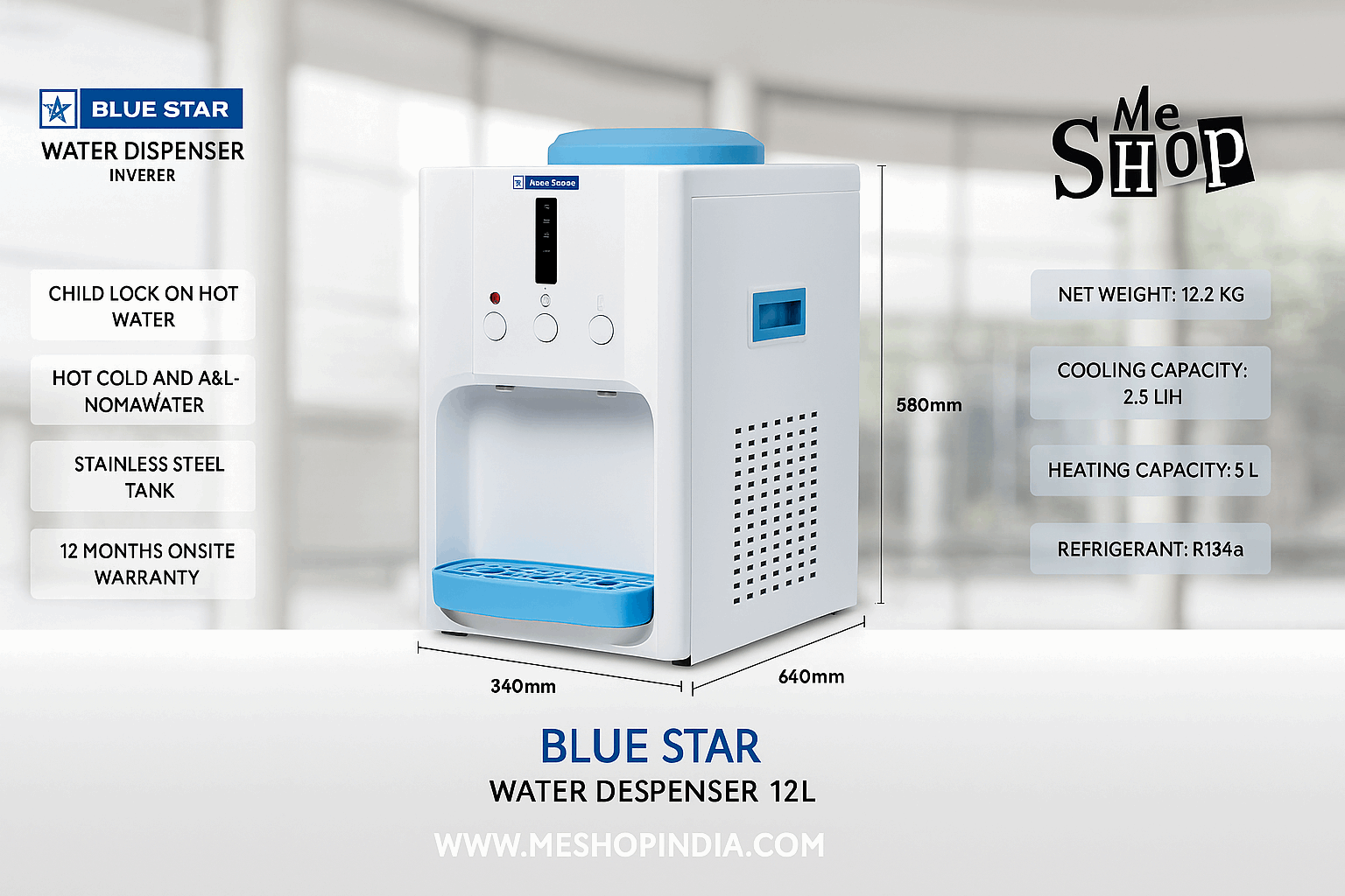 Blue Star Atlantis water dispenser for office Delhi with 12 litre capacity and child lock feature