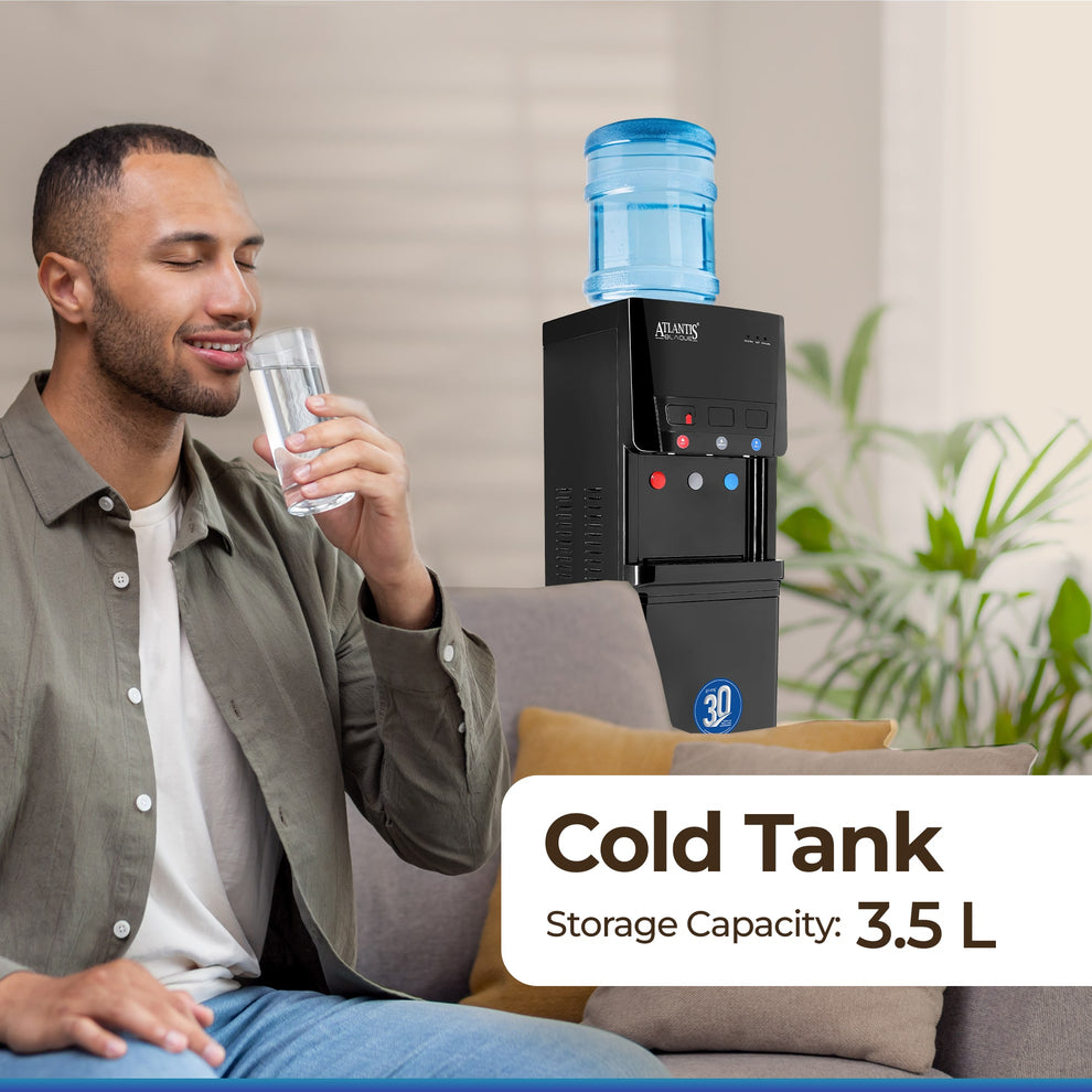 Atlantis water dispenser for office Delhi with 3.5 litre cold tank and man enjoying a glass of water