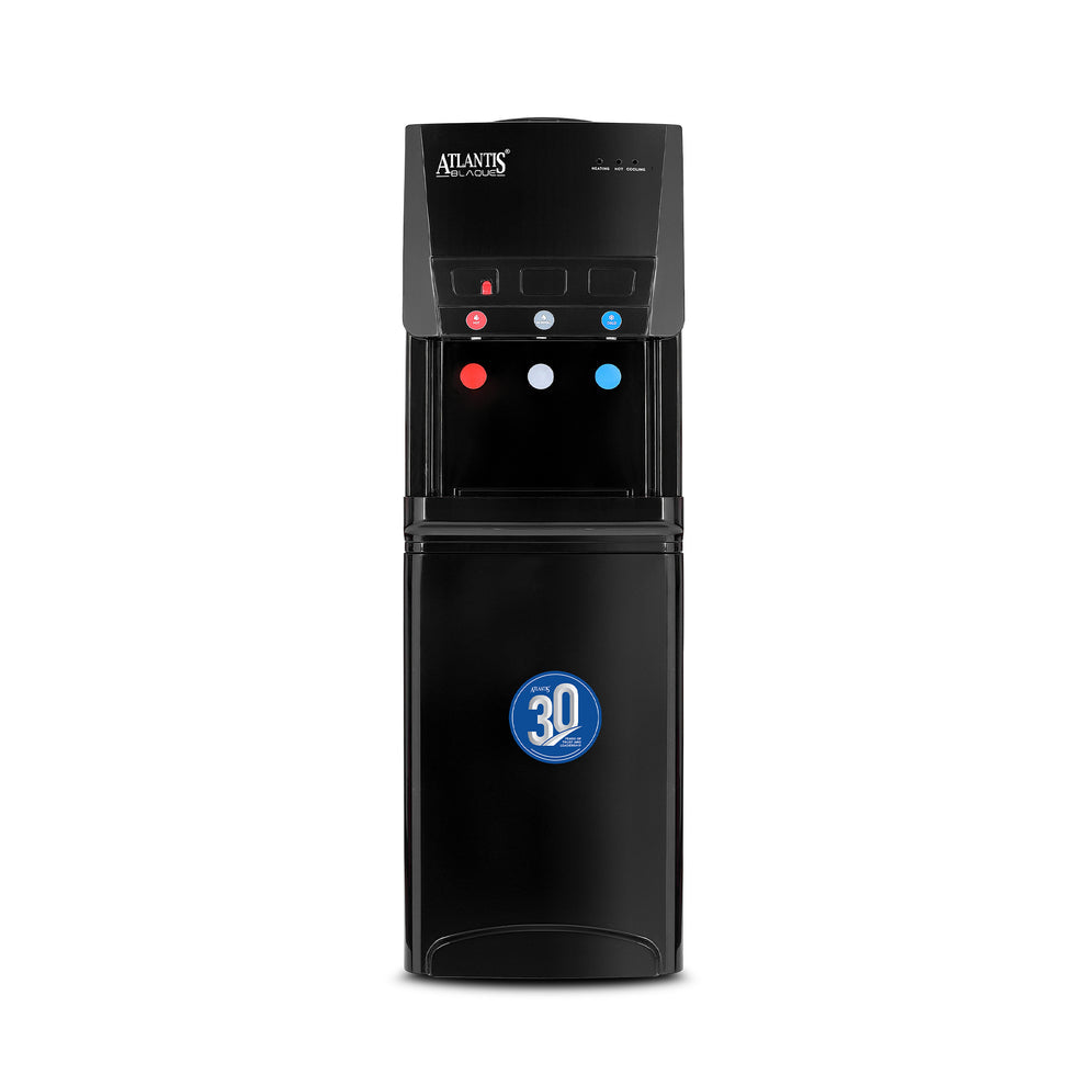 Black Atlantis water dispenser for office Delhi with hot and cold water taps and compact design