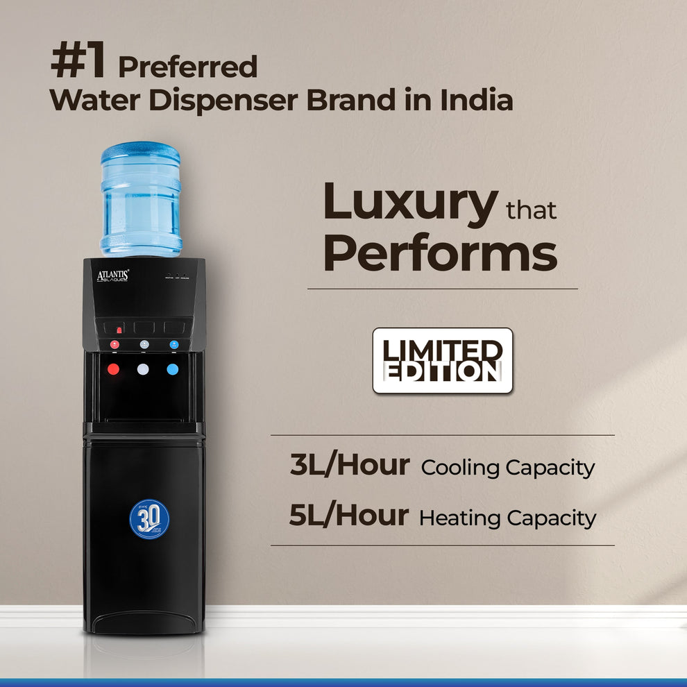 Atlantis water dispenser for office Delhi in black with 3L hour cooling and 5L hour heating capacity
