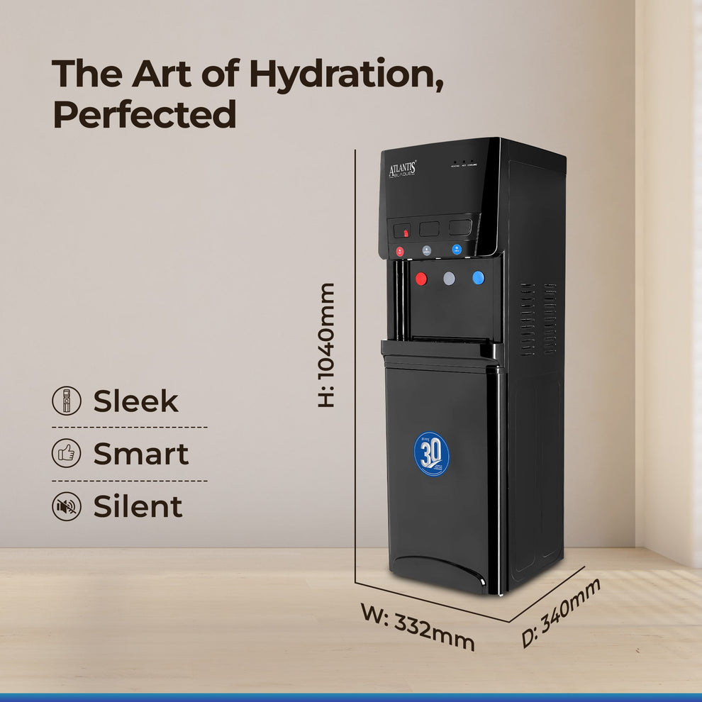 Atlantis water dispenser for office Delhi sleek black smart silent design with dimensions