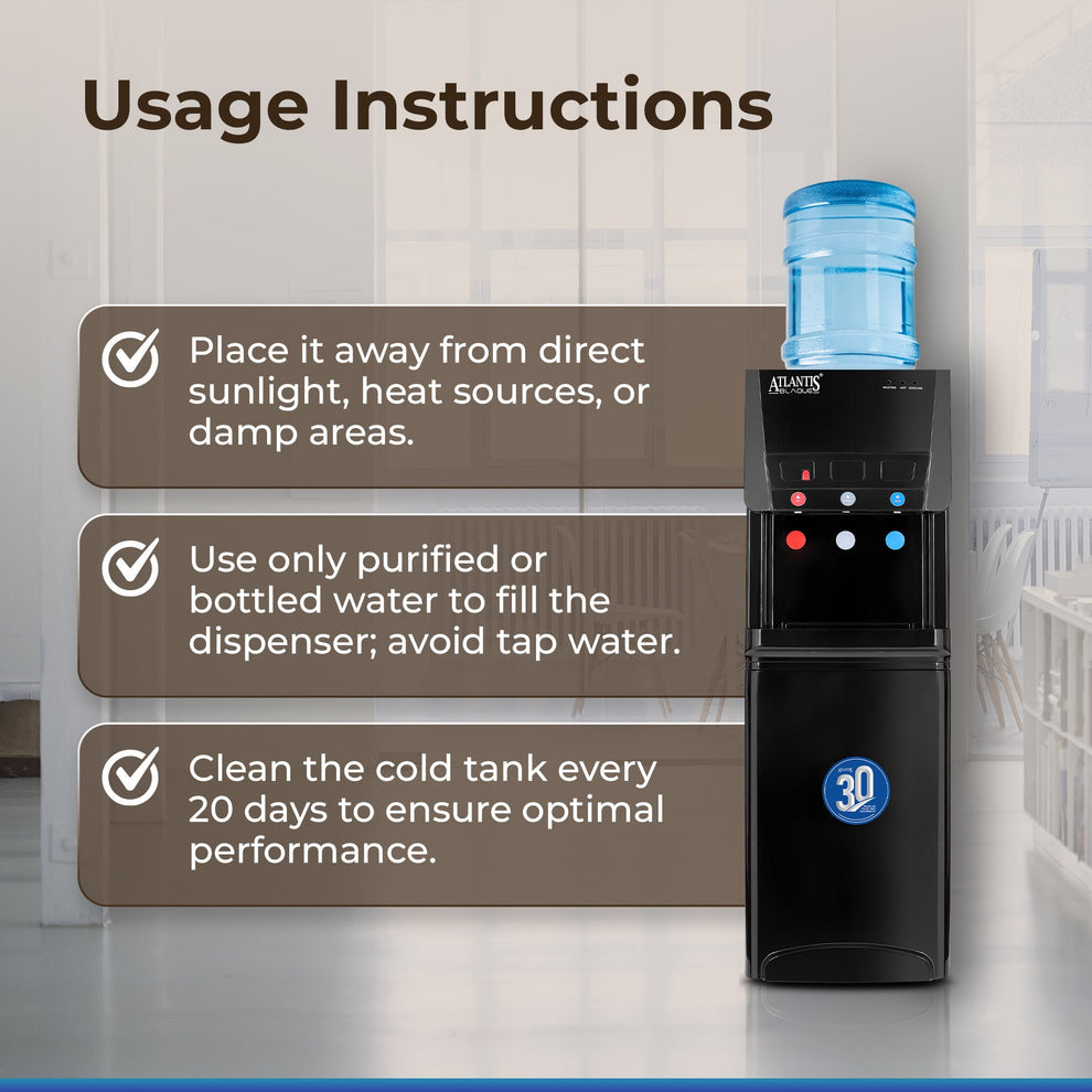 Atlantis water dispenser for office Delhi with usage instructions in a bright office setting