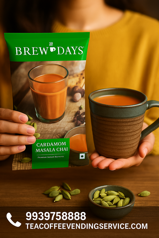 Brewdays cardamom tea premix for offices with a cup of hot masala chai and cardamom pods on wooden table