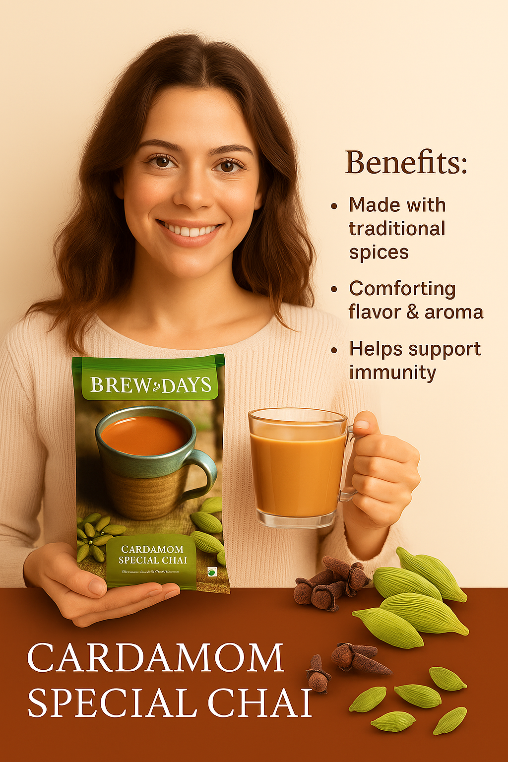 Cardamom tea premix for offices featuring Brew Days Cardamom Special Chai with traditional spices and immunity benefits