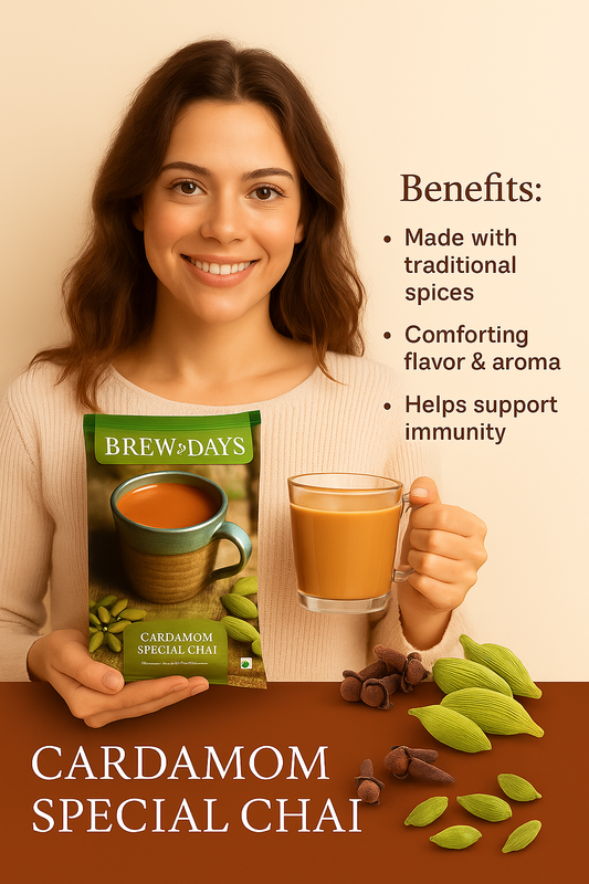 Cardamom tea premix for offices featuring Brew Days Cardamom Special Chai with traditional spices and immunity benefits