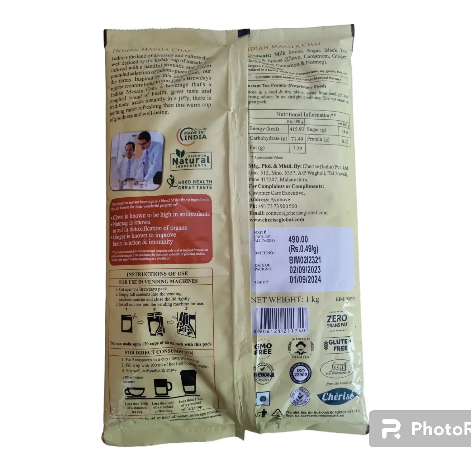Indian masala tea premix 1kg pack from Tea coffee vending service showing nutritional info and usage instructions