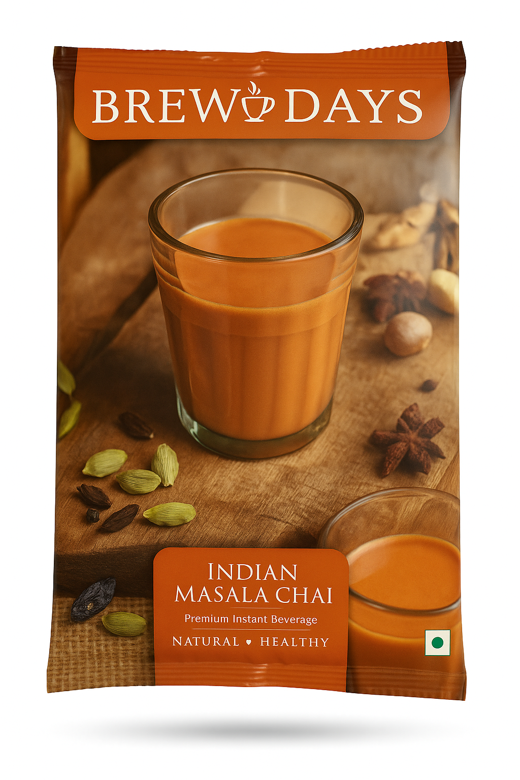 Brew Days Indian masala tea premix 1kg pack with glass of spiced tea and whole spices on wooden surface