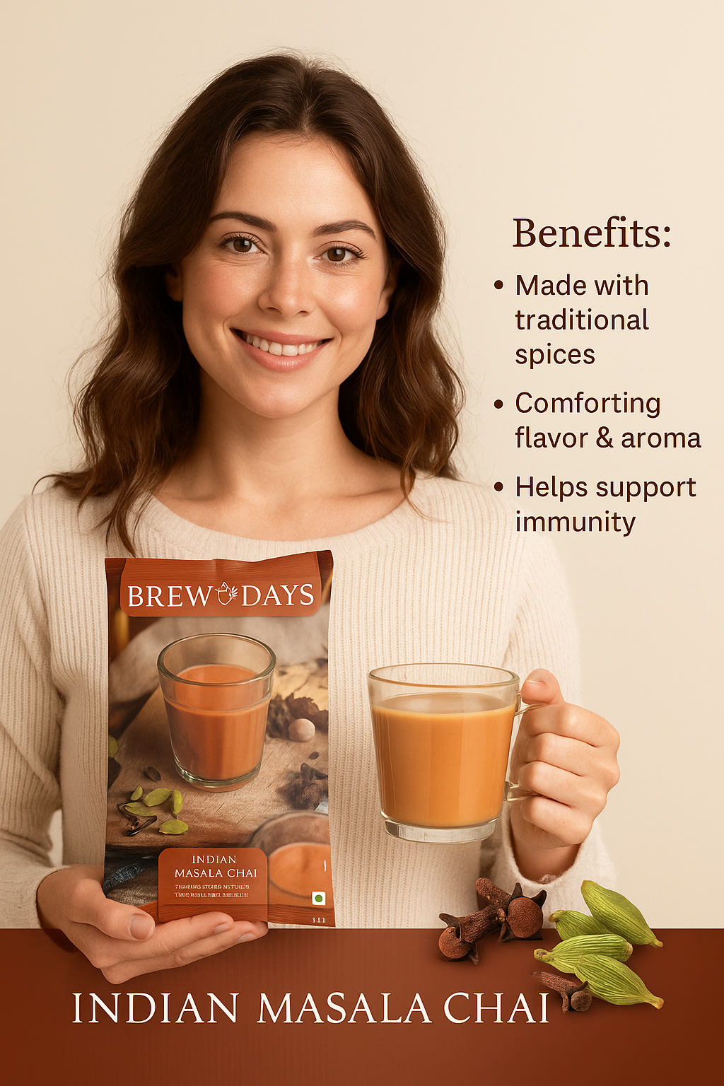 Woman holding Brew Days Indian masala tea premix 1kg pack and a glass cup of spiced chai with traditional spices around