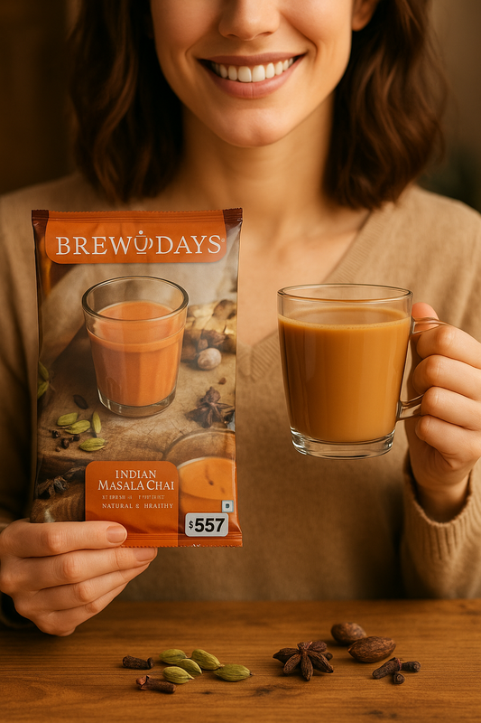 Woman holding Brew Days Indian masala tea premix 1kg packet with a glass of prepared chai tea
