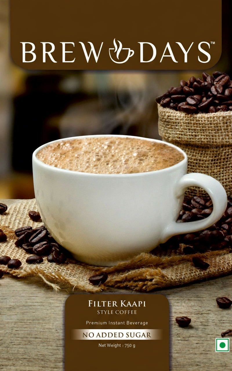 Brewdays suger free coffee filter kaapi style in white cup with coffee beans and burlap sacks