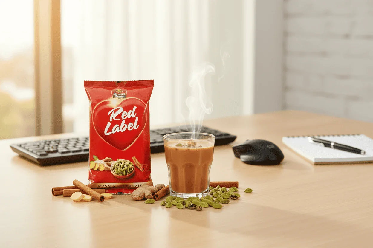 Red label masla tea premix 1 kg packet with a steaming glass of masala tea and spices on a wooden table