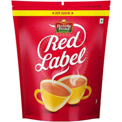 Brooke Bond Red Label tea 1kg pouch with zip lock and two yellow cups of hot tea on red background