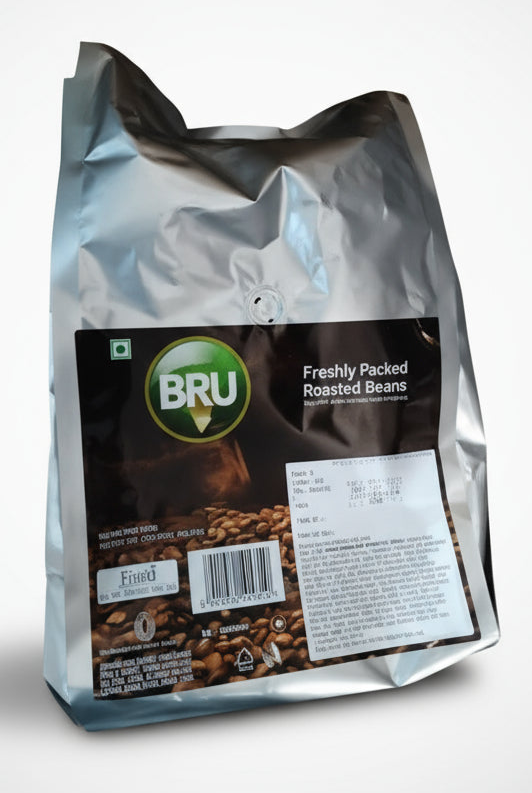 Silver pack of Bru coffee beans 1kg price India with freshly packed roasted beans label