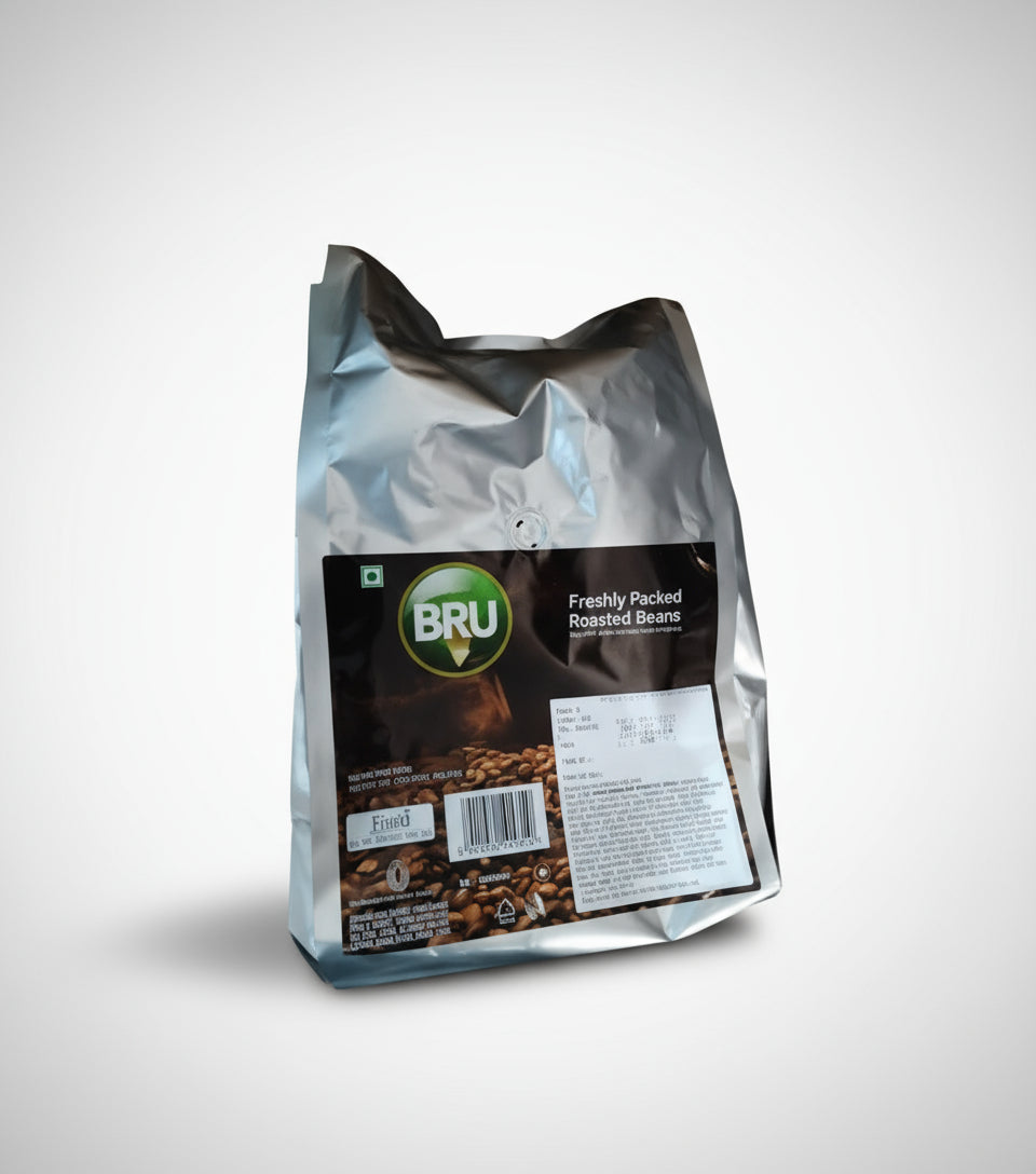 BRU coffee beans 1kg pack with freshly roasted beans showing Bru coffee beans 1kg price India