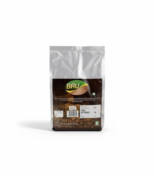 Bru coffee roasted beans price india shown on 1kg pack with brown and silver packaging