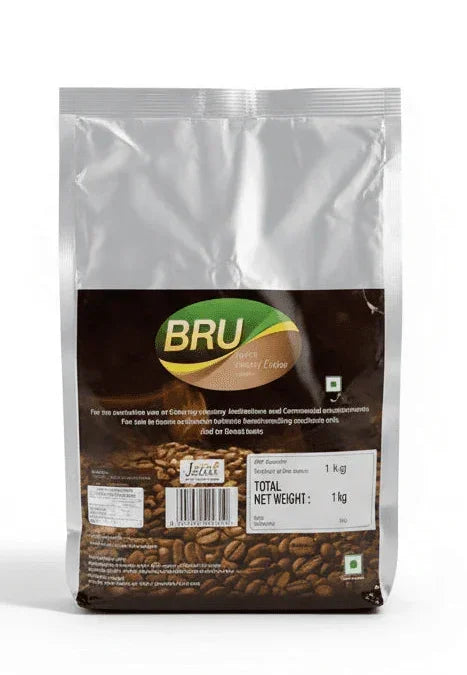 BRU coffee roasted beans pack 1 kg showing Bru coffee roasted beans price India from Tea coffee vending service