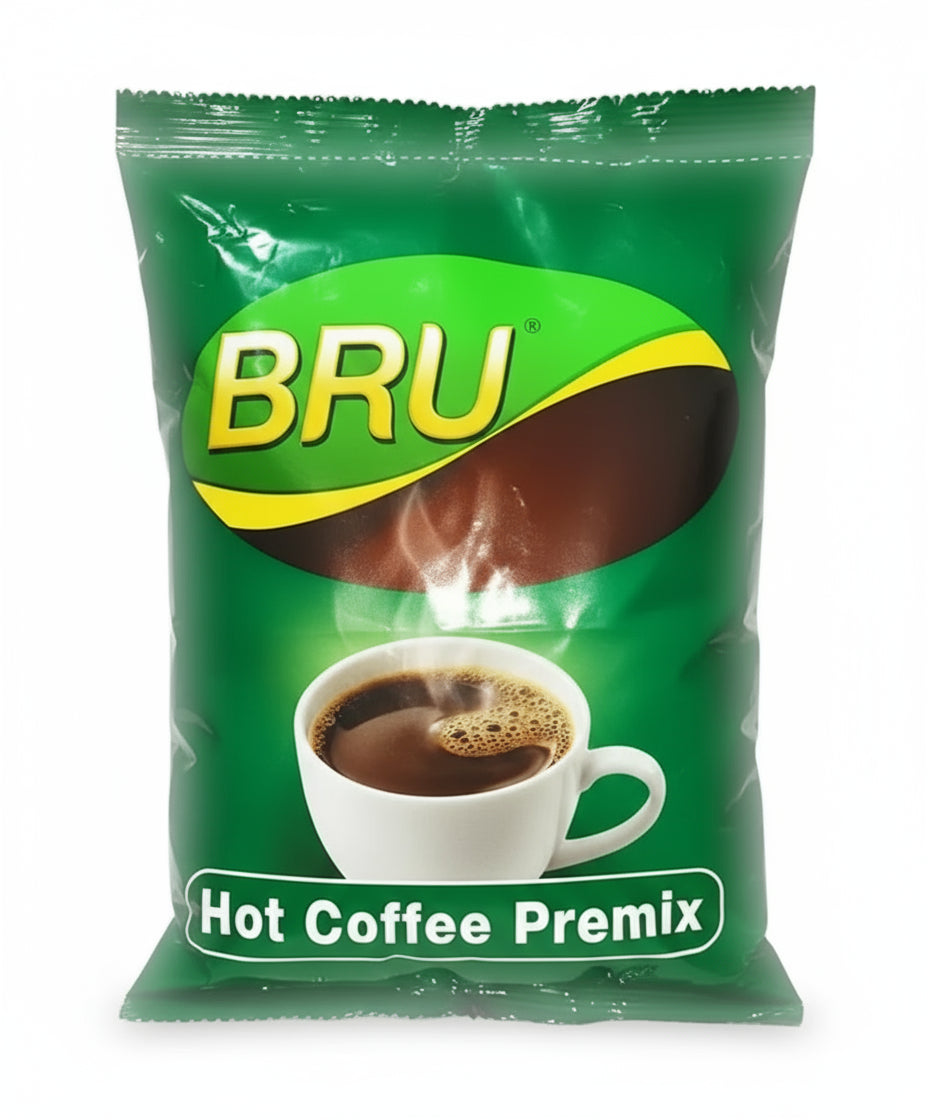 Hot bru coffee premix 1kg green packet with steaming cup of coffee on the front