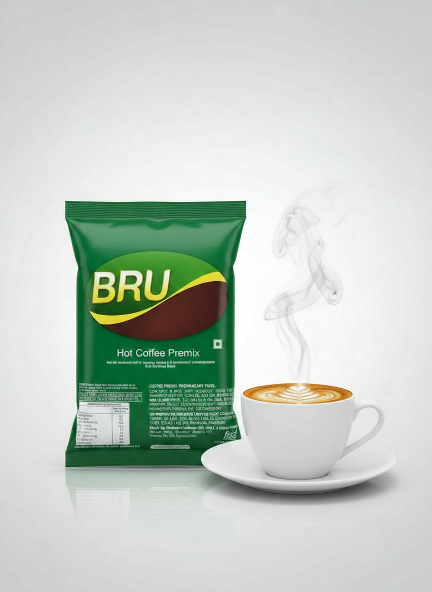 Hot bru coffee premix 1kg green pack with steaming cup of coffee on white saucer