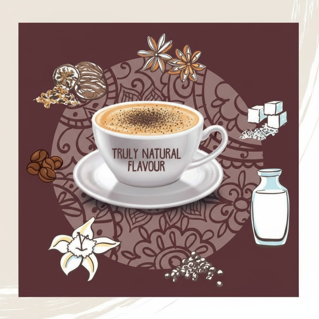 Cup of coffee with truly natural flavour text surrounded by coffee beans, spices, milk, and sugar for BRUKES coffee vending machine 1kg