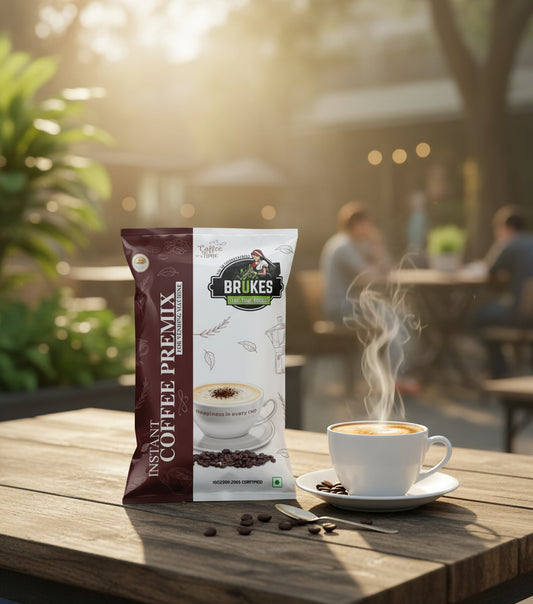 BRUKES coffee vending machine 1kg instant coffee premix pack with steaming cup of coffee on wooden table