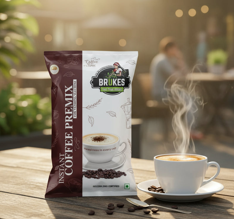 BRUKES coffee vending machine 1kg instant coffee premix bag beside steaming cup of coffee on wooden table