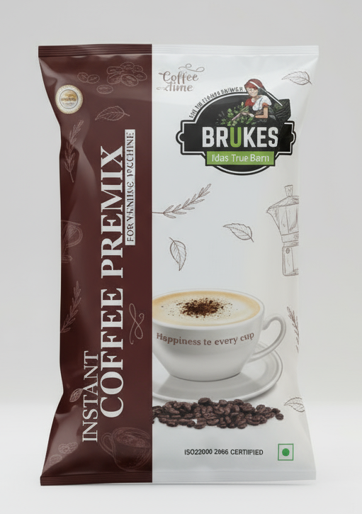 BRUKES coffee vending machine 1kg instant coffee premix packet with cup of coffee and coffee beans