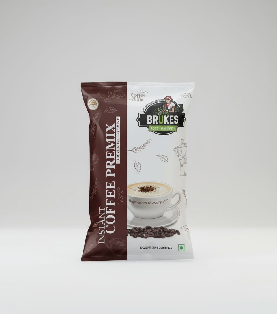 BRUKES coffee vending machine 1kg instant coffee premix pouch by Coffee walla with cup and coffee beans design
