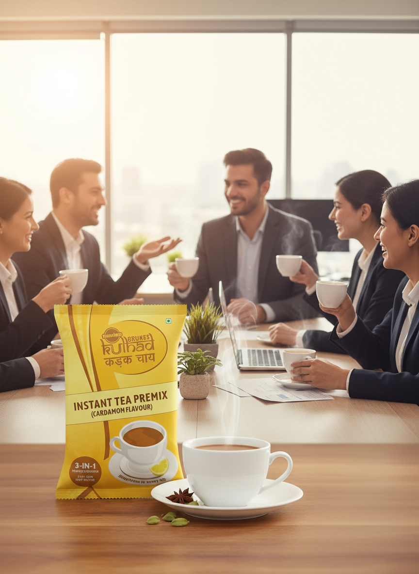 Coffee Walla instant tea premix 1 kg packet with cardamom flavour and cup of tea on table in office meeting