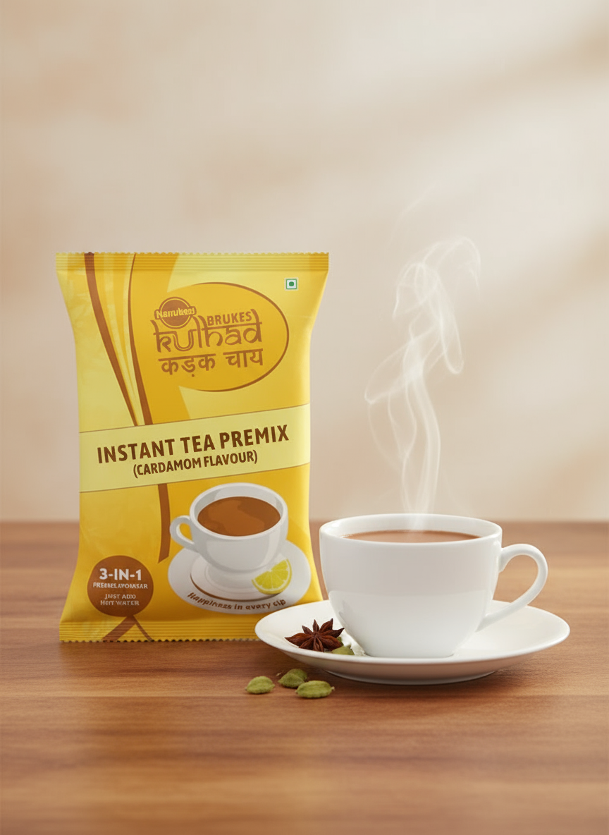 Coffee Walla instant tea premix 1 kg cardamom flavour packet with a steaming cup of tea