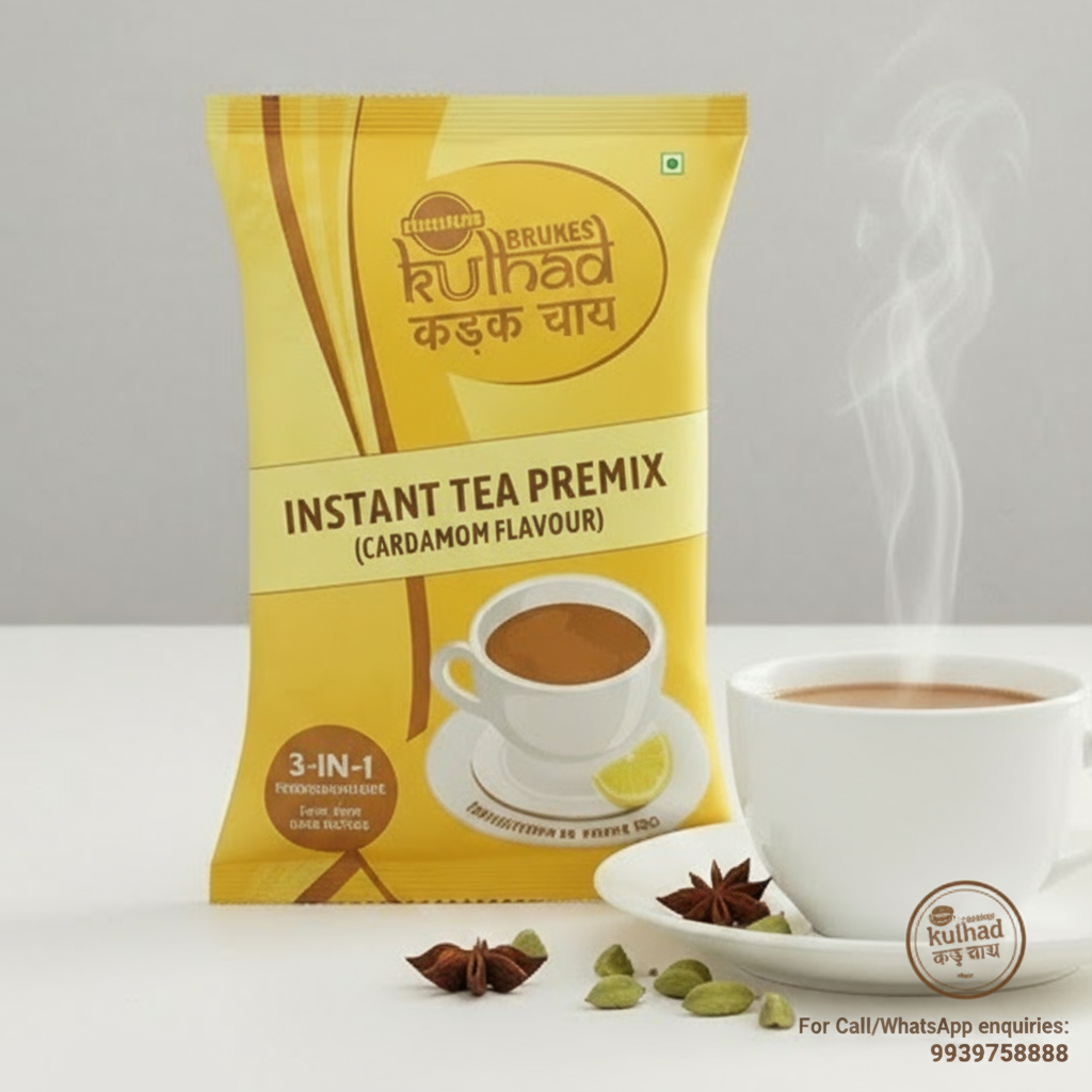 Coffee walla instant tea premix 1 kg cardamom flavour packet with steaming cup of tea and spices