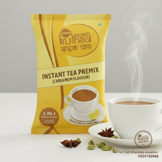 Coffee walla instant tea premix 1 kg cardamom flavour packet with steaming cup of tea and spices