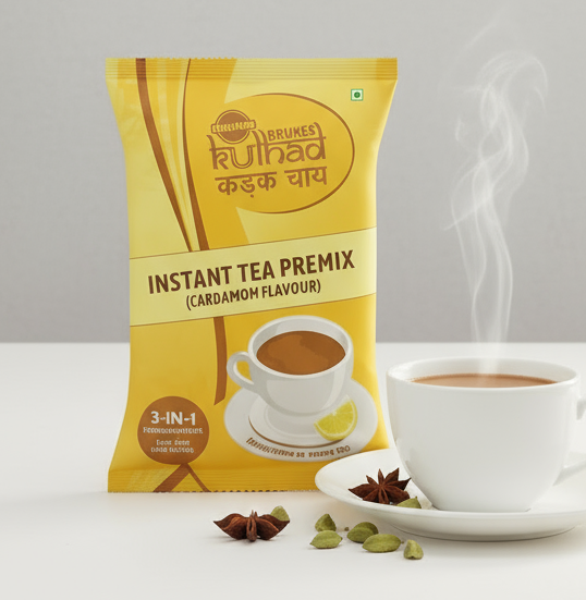 Coffee Walla instant tea premix 1 kg cardamom flavour packet with steaming cup of tea and spices