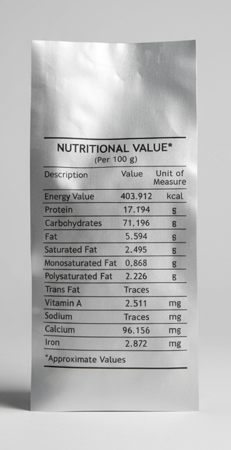 Nutritional value label of Cafe Coffee Day beans wholesale showing energy, protein, fat, vitamins, and minerals per 100 grams