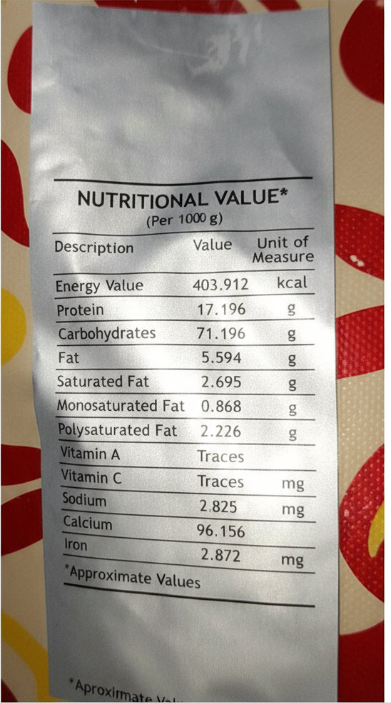 Nutritional value label showing energy, protein, carbohydrates, fat, vitamins, calcium, and iron content for Cafe Coffee Day beans wholesale