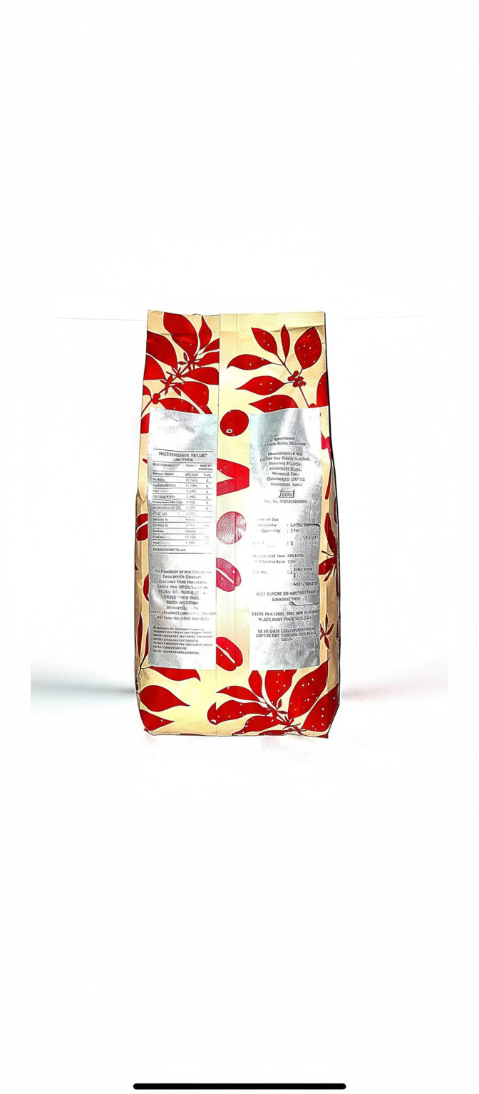Back view of Cafe Coffee Day beans wholesale package with red leaf design on beige background