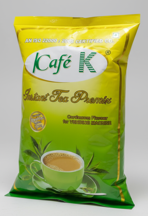 Coffee walla cafek tea premix cardamom instant tea premix packet with green cup and saucer