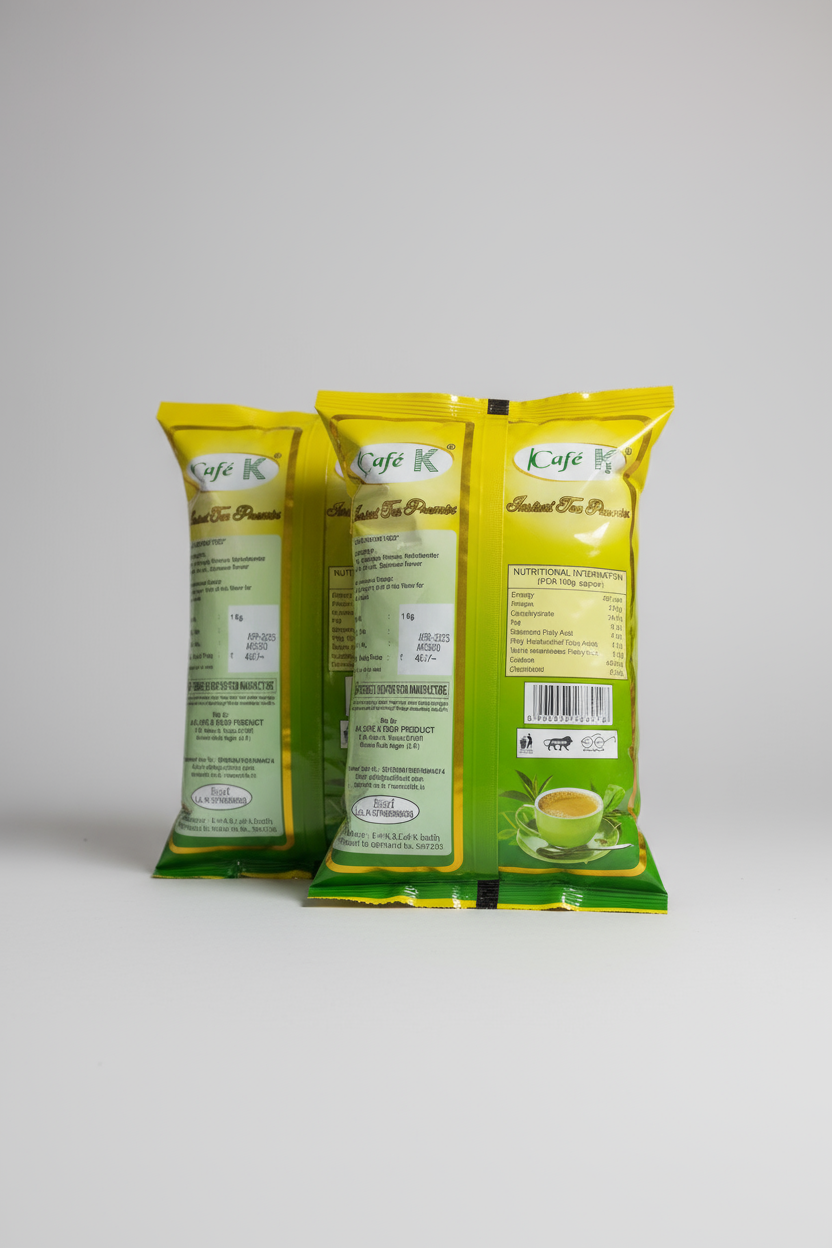 Coffee walla cafek tea premix cardamom packets with nutrition information and green cup design